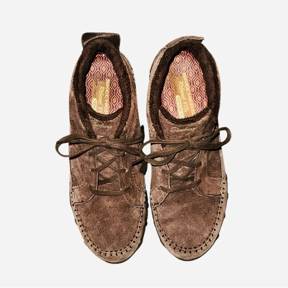 Skechers LEATHER‎ SUEDE Chukka Lineage Shoes Sz 10 Brown COMFORT Fur Lined Flex